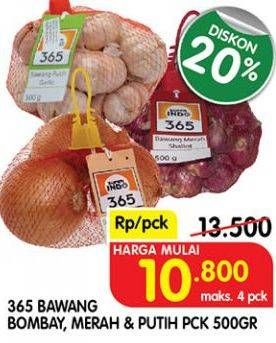 Promo Harga 365 Bawang Bombay, Merah, Putih 500 g  - Superindo