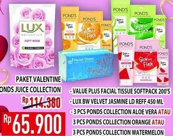 Promo Harga VALUE PLUS Facial Tissue Softpack 200s + LUX Body Wash Velvet Jasmine 450ml + PONDS Juice Collection Aloe Vera / Orange / Watermelon  - Hypermart