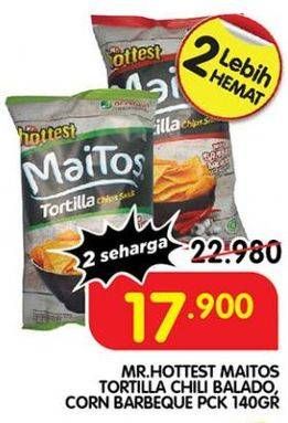 Promo Harga MR HOTTEST Maitos Tortilla Chips Sambal Balado, Jagung BBQ 140 gr - Superindo