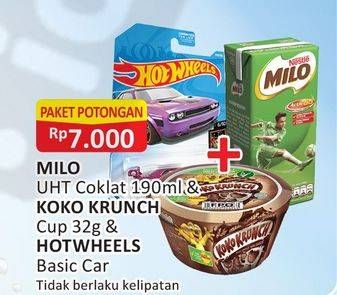 Promo Harga MILO UHT Cokelat 190 mL + KOKO KRUNCH Cup 32 g + HOTWHEELS Basic Car  - Alfamart