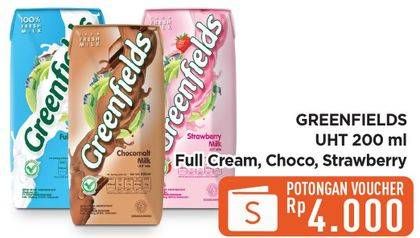 Promo Harga Greenfields UHT Full Cream, Choco Malt, Strawberry 200 ml - Hypermart
