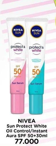 Promo Harga Nivea Sun Face Serum Protect & White SPF 50+ Oil Control, Instant Aura 30 ml - Watsons