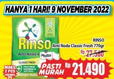 Promo Harga Rinso Anti Noda Deterjen Bubuk + Molto Classic Fresh 770 gr - Hypermart