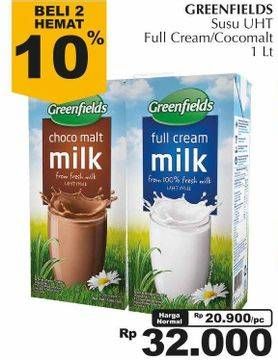 Promo Harga GREENFIELDS UHT Full Cream, Chocomalt per 2 pcs 1000 ml - Giant