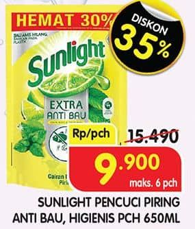 Promo Harga Sunlight Pencuci Piring Anti Bau With Daun Mint, Higienis Plus With Habbatussauda 650 ml - Superindo