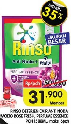 Promo Harga Rinso Liquid Detergent + Molto Pink Rose Fresh, + Molto Purple Perfume Essence 1500 ml - Superindo