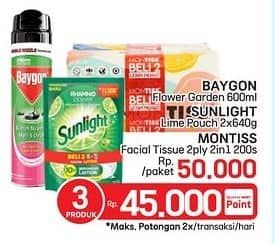 Promo Harga Baygon Insektisida Spray + Sunlight Pencuci Piring + Montiss Facial Tissue  - LotteMart