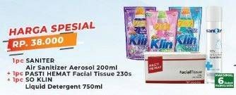 Promo Harga SANITER Air Sanitizer Aerosol 200ml, PASTI HEMAT Facial Tissue 230s, SO KLIN Liquid Detergent 750ml  - Yogya