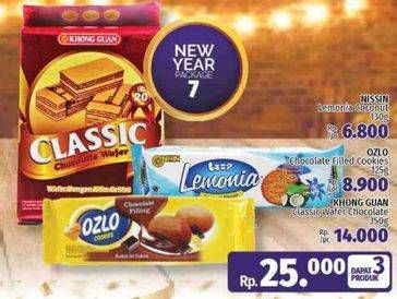 Promo Harga Nissin Lemonia Coconut + Ozlo Chocolate Filled Cookies + Khong Guan Classic Wafer  - LotteMart