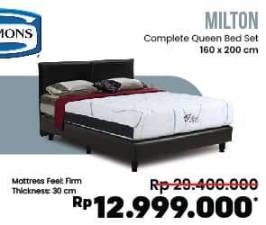 Simmons Milton Complete Queen Bed Set  Diskon 55%, Harga Promo Rp12.999.000, Harga Normal Rp29.400.000, Mattress Feel Firm 
Thickness 30 cm