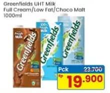 Promo Harga Greenfields UHT Full Cream, Low Fat, Choco Malt 1000 ml - Indomaret