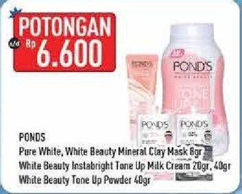 Promo Harga PONDS Pure White, White Beauty Mineral Clay Mask 8 g/ White Beauty Instabright Tone Up Milk Cream 20, 40 g/ White Beauty Tone Up Powder 40 g  - Hypermart