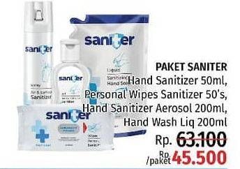 Promo Harga SANITER Gel Instant Hand Sanitizer 50ml + SANITER Wet Wipes 50s + SANITER Air & Surface Saniter Aerosol 200ml + SANITER Hand Wash 200ml  - LotteMart