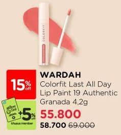 Wardah Colorfit Last All Day Lip Paint 4 gr Diskon 14%, Harga Promo Rp58.700, Harga Normal Rp69.000, Khusus Member Rp. 55.800, Khusus Member