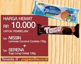 Promo Harga NISSIN Lemonia Coconut Cookies 130g + SERENA Togo Long Coklat 128g  - Yogya