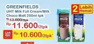 Promo Harga GREENFIELDS UHT Choco Malt, Full Cream per 2 pcs 250 ml - Indomaret