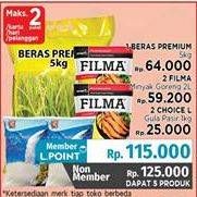 Promo Harga PAKET 125K (Beras Premium 5kg + 2 Filma Minyak Goreng + 2 Choice L Gula Pasir)  - LotteMart