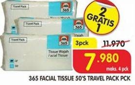 Promo Harga 365 Facial Tissue Travel Pack per 3 pouch 50 pcs - Superindo