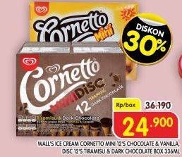Promo Harga Walls Cornetto Mini Chocolate Vanilla, Tiramisu Dark Chocolate per 12 pcs 28 ml - Superindo