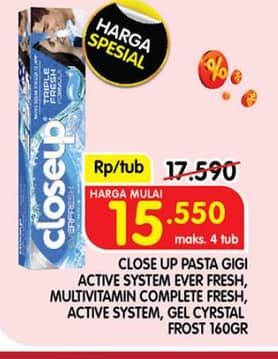 Promo Harga Close Up Pasta Gigi Everfresh Menthol Fresh, Complete Fresh Protec, Everfresh Icy White Winter Blast 160 gr - Superindo