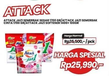 Promo Harga Attack Jaz1 Detergent Powder Semerbak Cinta, +Softener Rose Berry, Pesona Segar 1500 gr - Carrefour