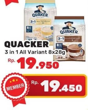 Promo Harga Quaker Oatmeal 3 In 1 Berry Burst, 3in1 Cokelat, 3in1 Vanilla per 8 pcs 28 gr - Yogya