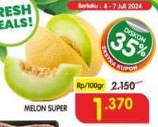 Melon Super per 100 gr Diskon 36%, Harga Promo Rp1.370, Harga Normal Rp2.150, Extra Kupon
