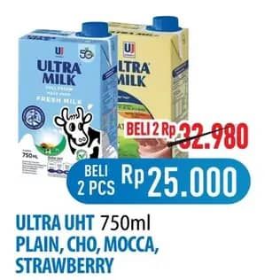 Promo Harga Ultra Milk Susu UHT Full Cream, Coklat, Moka, Stroberi 750 ml - Hypermart