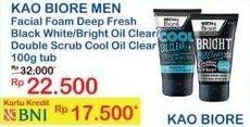 Promo Harga BIORE MENS Facial Foam Double Scrub Cool Oil Clear, Double Scrub Deep Fresh 100 gr - Indomaret