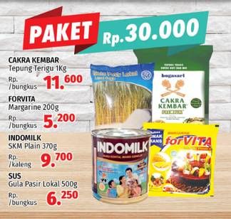 Promo Harga Paket 30rb (Cakra kembar + Forvita margarine + Indomilk skm + SUS gula pasir)  - LotteMart
