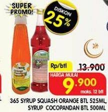 Promo Harga 365 Syrup Squash Orange Btl 525ml, Syrup Cocopandan Btl 500ml  - Superindo