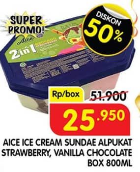 Promo Harga Aice Sundae Alpukat Strawberry, Vanilla Chocolate 800 ml - Superindo