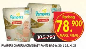 Promo Harga PAMPERS Premium Care Active Baby Pants M30, L24, XL21  - Superindo