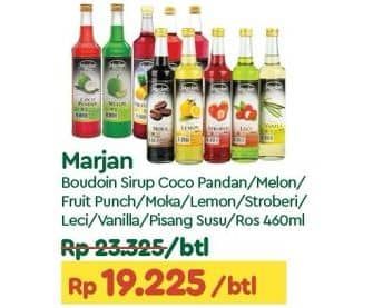 Promo Harga Marjan Syrup Boudoin Cocopandan, Melon, FruitPunch, Moka, Lemon, Stroberi, Leci, Vanila, Pisang Susu, Ros 460 ml - TIP TOP