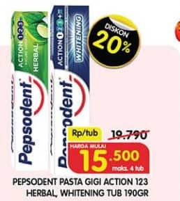 Promo Harga Pepsodent Pasta Gigi Action 123 Herbal, Whitening 190 gr - Superindo