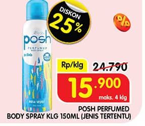 Posh Perfumed Body Spray 150 ml Diskon 35%, Harga Promo Rp15.900, Harga Normal Rp24.790, Maks 4 Klg