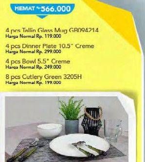Promo Harga 4 Tallin Glass + 4 Dinner Plate + 4 Bowl + 8 Cutlery Green  - Carrefour