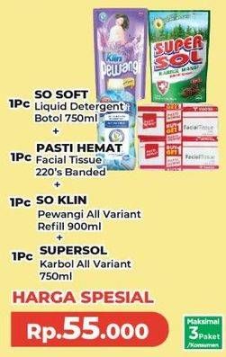 Harga Sosoft Liquid Detergent + Pasti Hemat Facial Tissue + So Klin Pewangi + Supersol Karbol