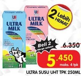 Promo Harga Ultra Milk Susu UHT Full Cream, Stroberi 250 ml - Superindo