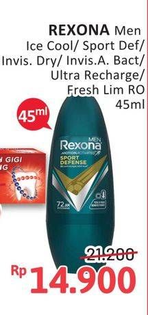 Promo Harga REXONA Men Deo Roll On Ice Cool, Sport Defence, Invisible Dry, Invisible + Antibacterial, Ultra Recharge, Natural Fresh Lime Cool 45 ml - Alfamidi