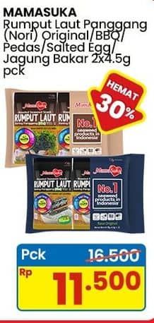 Promo Harga Mamasuka Rumput Laut Panggang Original, BBQ, Pedas, Salted Egg, Jagung Bakar per 2 bungkus 4 gr - Indomaret