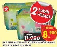 Promo Harga 365 Pembalut Wanita Slim Wing 23cm, NonWing 23cm per 2 pouch 10 pcs - Superindo