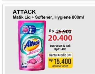 Promo Harga ATTACK Detergent Liquid Plus Softener, Hygiene Plus Protection 800 ml - Alfamart