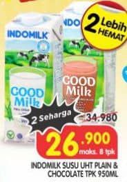 Promo Harga Indomilk Susu UHT Full Cream Plain, Cokelat 950 ml - Superindo
