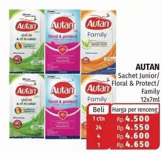Promo Harga AUTAN Lotion Anti Nyamuk Floral Protect, Family, Junior per 12 sachet 7 ml - Lotte Grosir