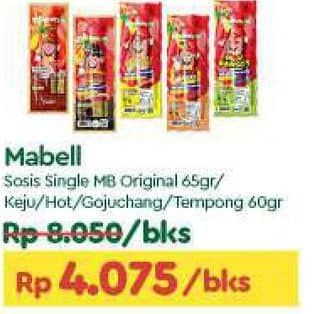 Promo Harga Mabell Sosis Single Original, Keju, Hot, Gojuchang, Sambal Tempong 60 gr - TIP TOP