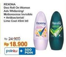 Promo Harga REXONA Deo Roll On Advanced Whitening, Motionsense Lime Cool, Invisible + Antibacterial 45 ml - Indomaret