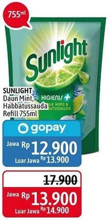 Promo Harga SUNLIGHT Pencuci Piring Anti Bau With Daun Mint, Higienis Plus With Habbatussauda 755 ml - Alfamidi