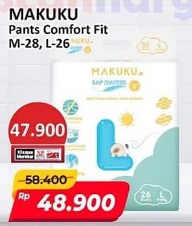 Promo Harga Makuku Comfort Fit Diapers Pants M28, L26 26 pcs - Alfamart