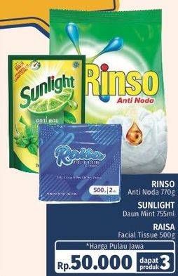 Promo Harga RINSO Anti Noda 770 g + SUNLIGHT Daun Mint 755 mL + RAISA Facial Tissue 500 g  - LotteMart